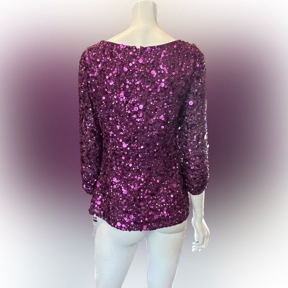 NWT Aidan Mattox Pink Purple Sequin Blouse Shirt Ruched Sleeves V Neck Size S - Picture 2 of 16